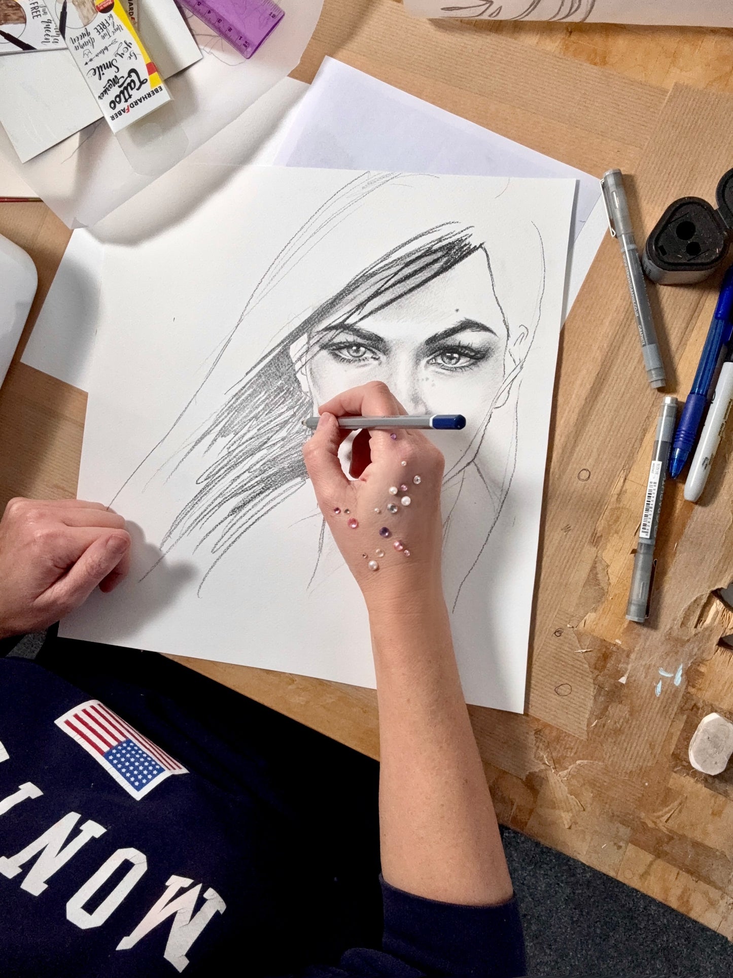 Girl With Dark Hair, pencil sketch on paper