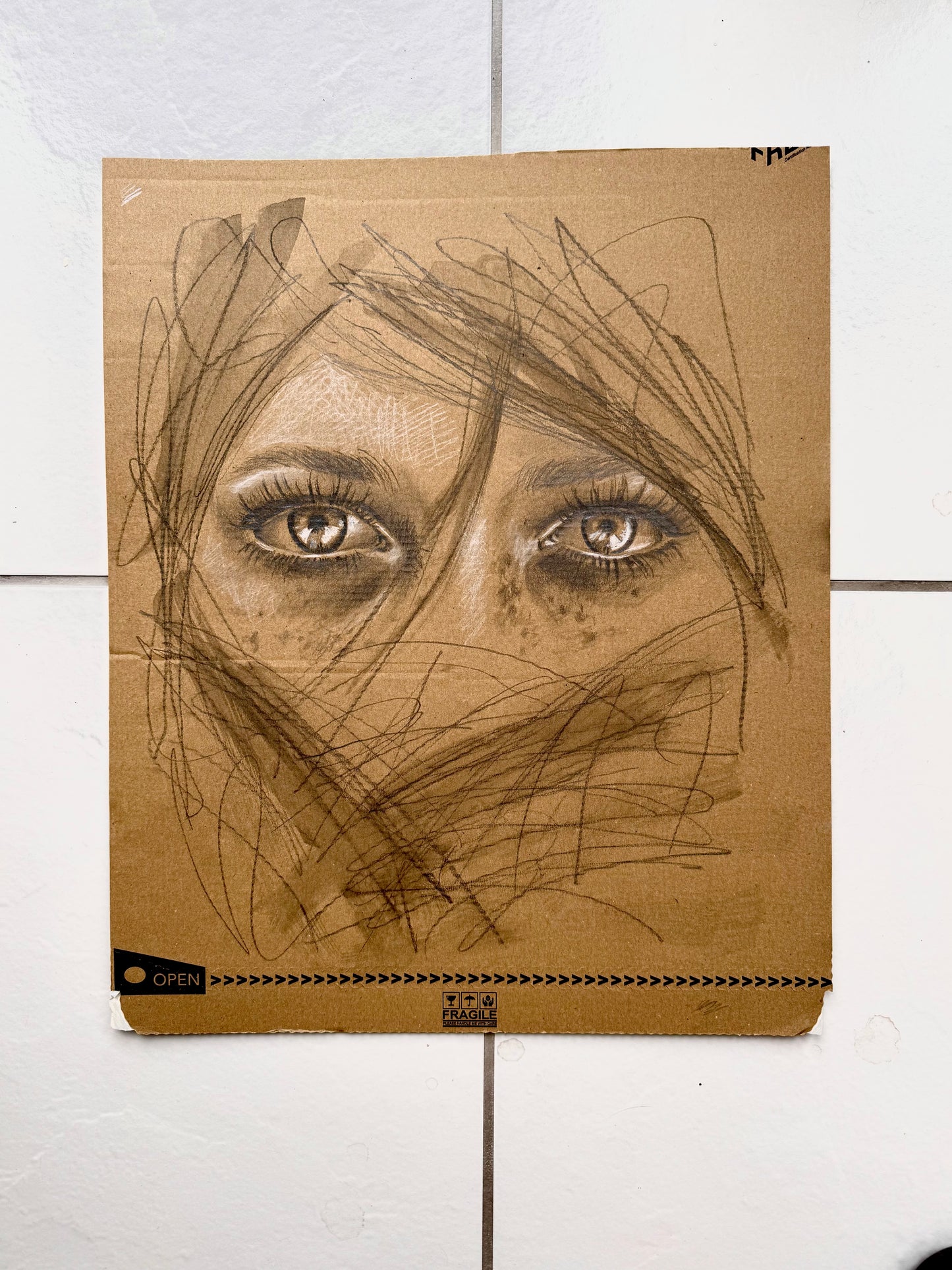 Her Eyes, pencil drawing on cardboard
