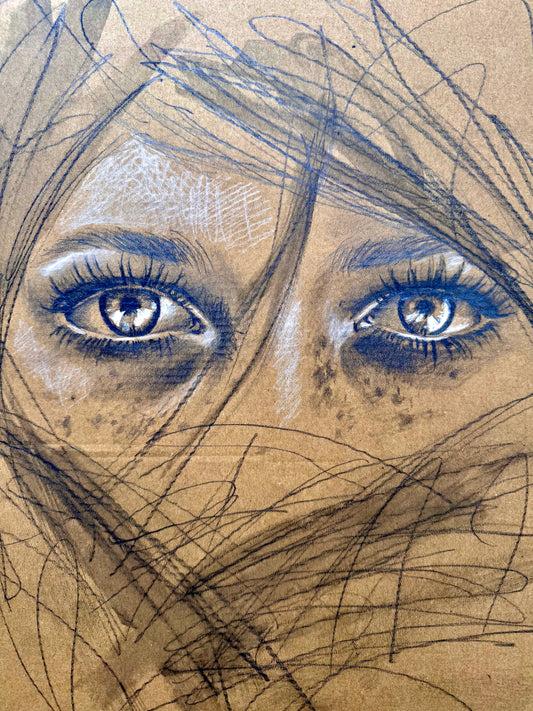 Her Eyes, pencil drawing on cardboard